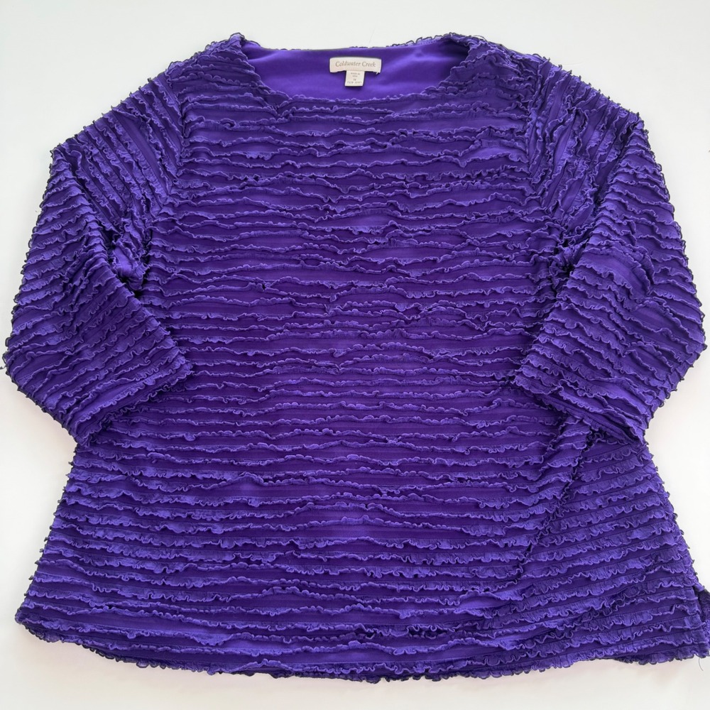 Coldwater Creek Purple Ruffle Tiered Textured 3/4 Sleeve Blouse Top 1X 16W-18W